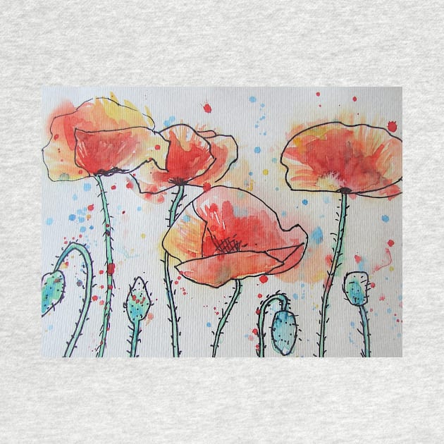 Red Poppies Watercolor and Ink Painting by SarahRajkotwala